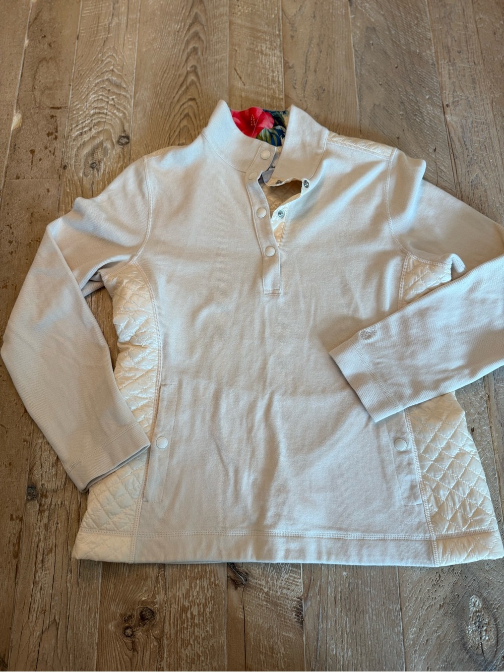 Tommy Bahama Aruba Cream Quilted-Panel Pullover Quarter Snap Top Jacket M